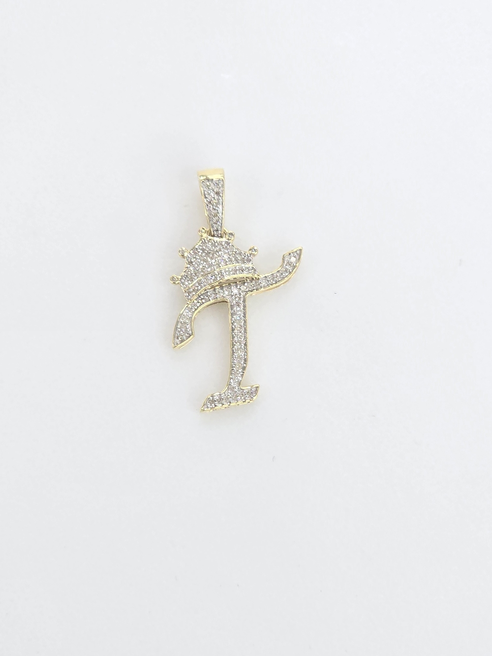 Real Diamond 10kt Gold Crown Style Initial T Pendant